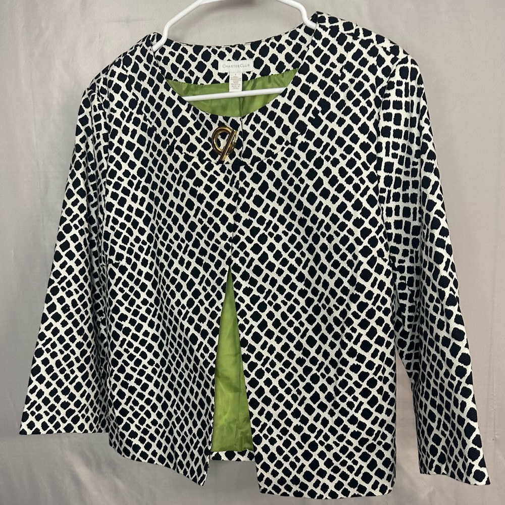Charter Club Black & White Lattice Open Jacket with Green Lining
